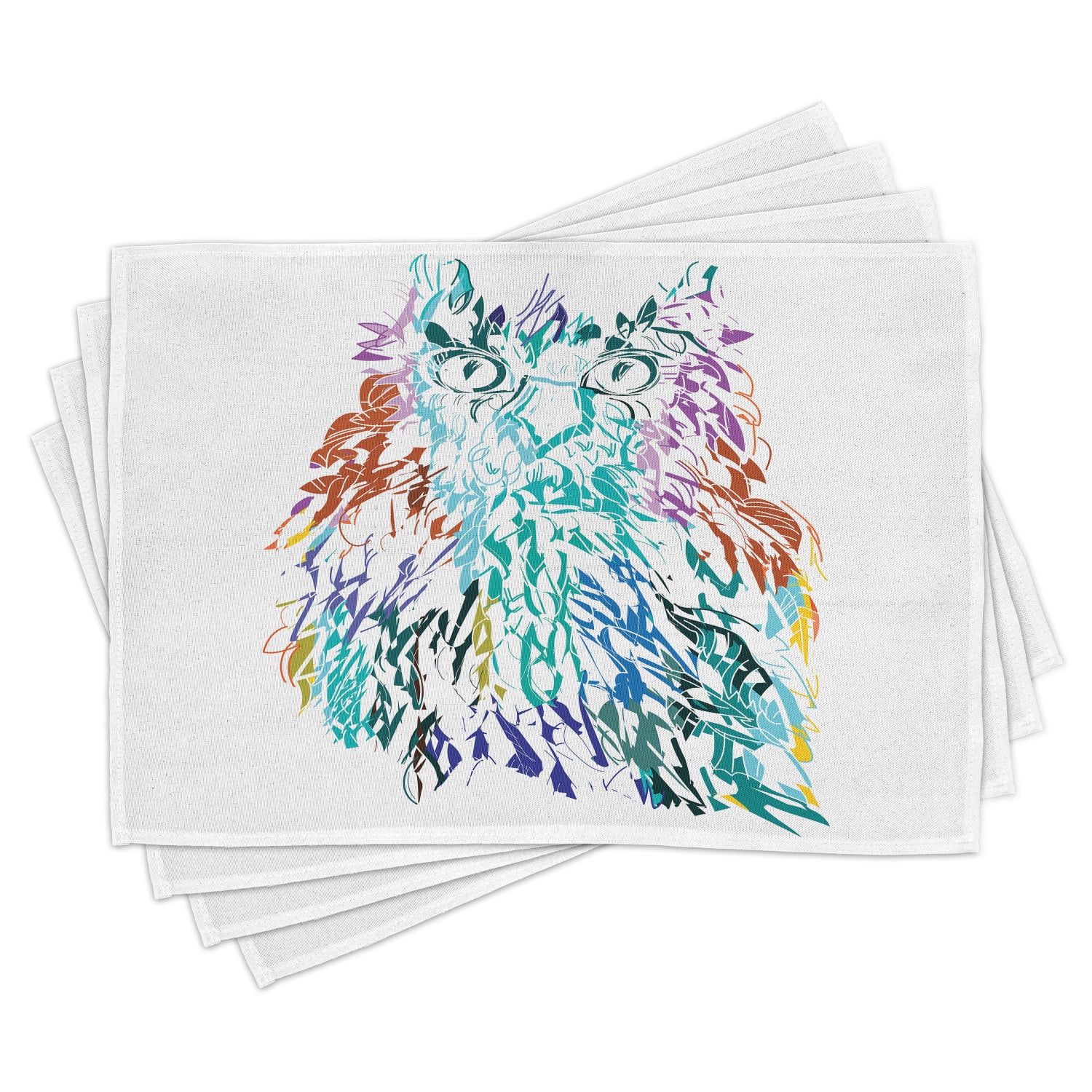 Owl Placemats Set of 4 Owl with Fluffy Swollen Colorful Feathers Large