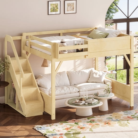 Queen Size Solid Wood Loft Bed with Built-in Wardrobe, Side Shelves, Full-length Guardrails and Stairs, No Box Spring Needed, Natural