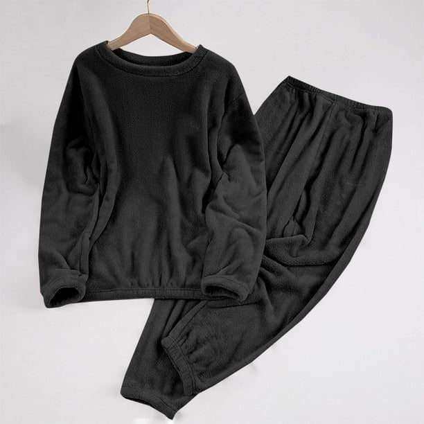 Conjunto de pijama de terciopelo grueso y cálido para mujer, de color liso y holgado, con pantalones de poliéster para invierno.