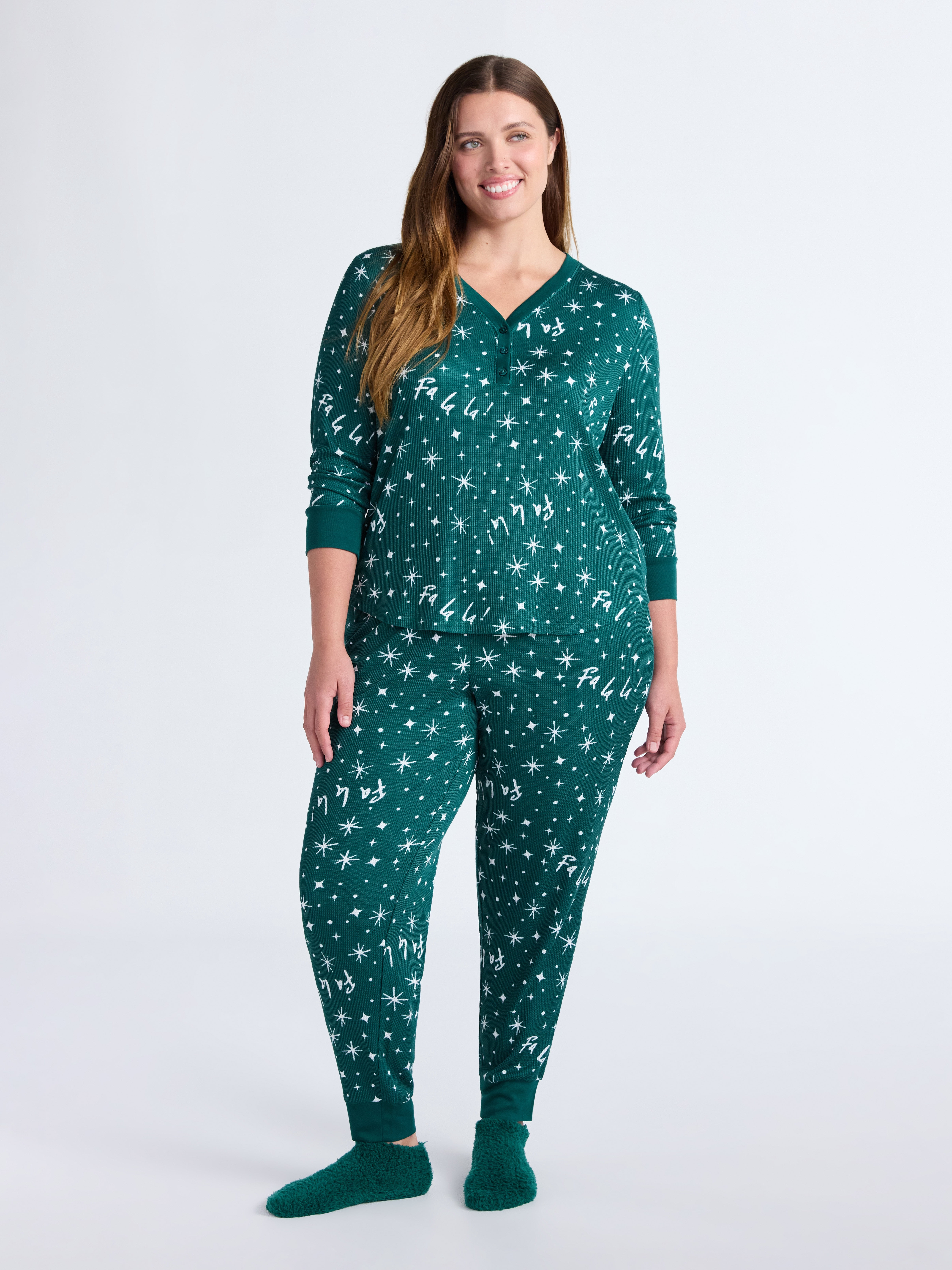 Joyspun Women's Waffle Knit Henley Sleep Top, Joggers and Socks Pajama Set, 3-Piece, Sizes XS-3X