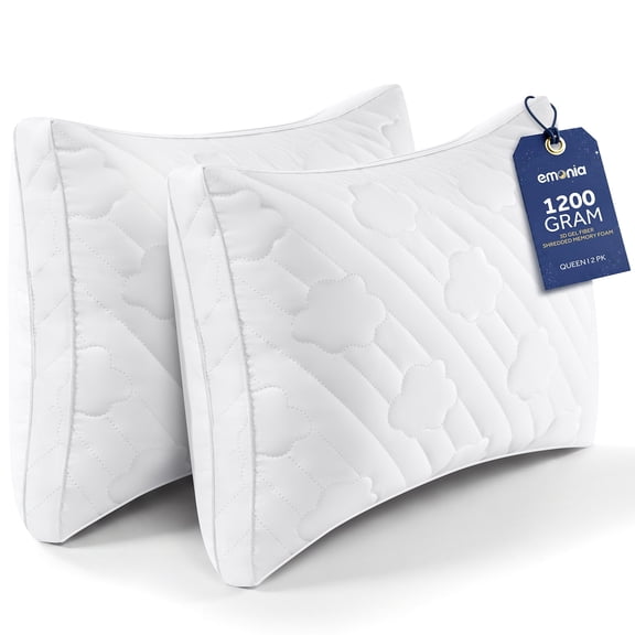 EMONIA Queen Size Bed Pillows 2 Pack, Luxury Hotel Soft Pillows with Down Alternative Fiber & Shredded Memory Foam, Gusseted Design for Back/Stomach/Side Sleepers