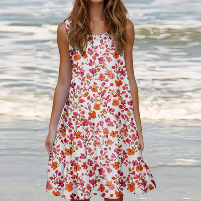 Ovzne Robes pour Femmes 2025 Robe Mode Vacances Été Couleur Unie Sans Manches Fête Plage Robe Grande Taille Imprimée Liquidation