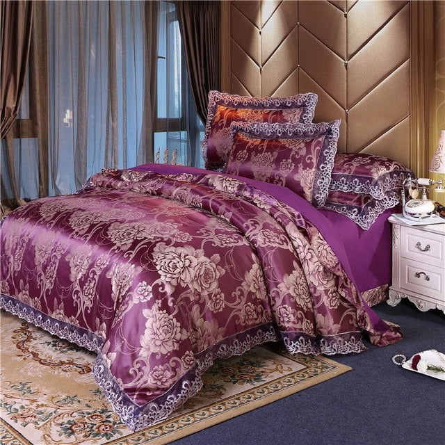 SATÉN FUNDA NÓRDICA JUEGO DE LUJO 4 PIEZAS JACQUARD SUAVE SEDA ROPA DE CAMA FUNDA DE EDREDÓN