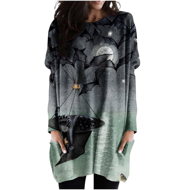 Automne des Femmes Grande Taille Robes Tendance Col Ras du Cou Halloween Imprimer Long Sleeves Ample Dress