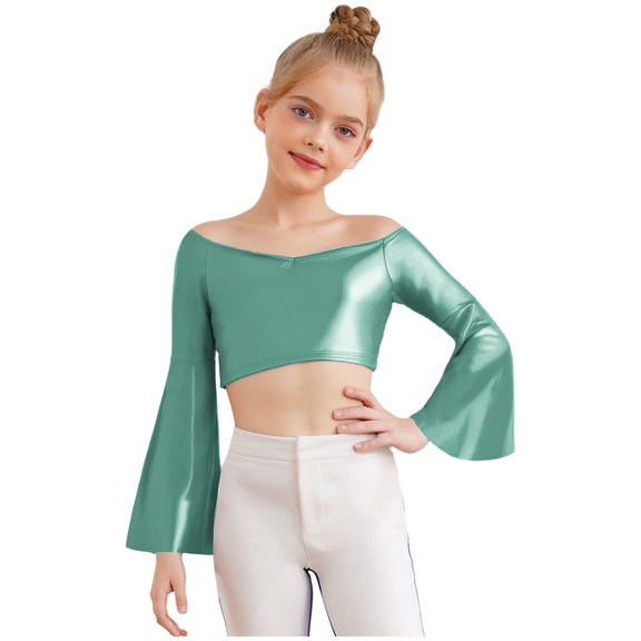TTAO Kids Girls Glossy Metallic Bell Sleeve Off Shoulder Jazz Modern Dance Crop Tops Performance Shirt Dancewear Light Green 10