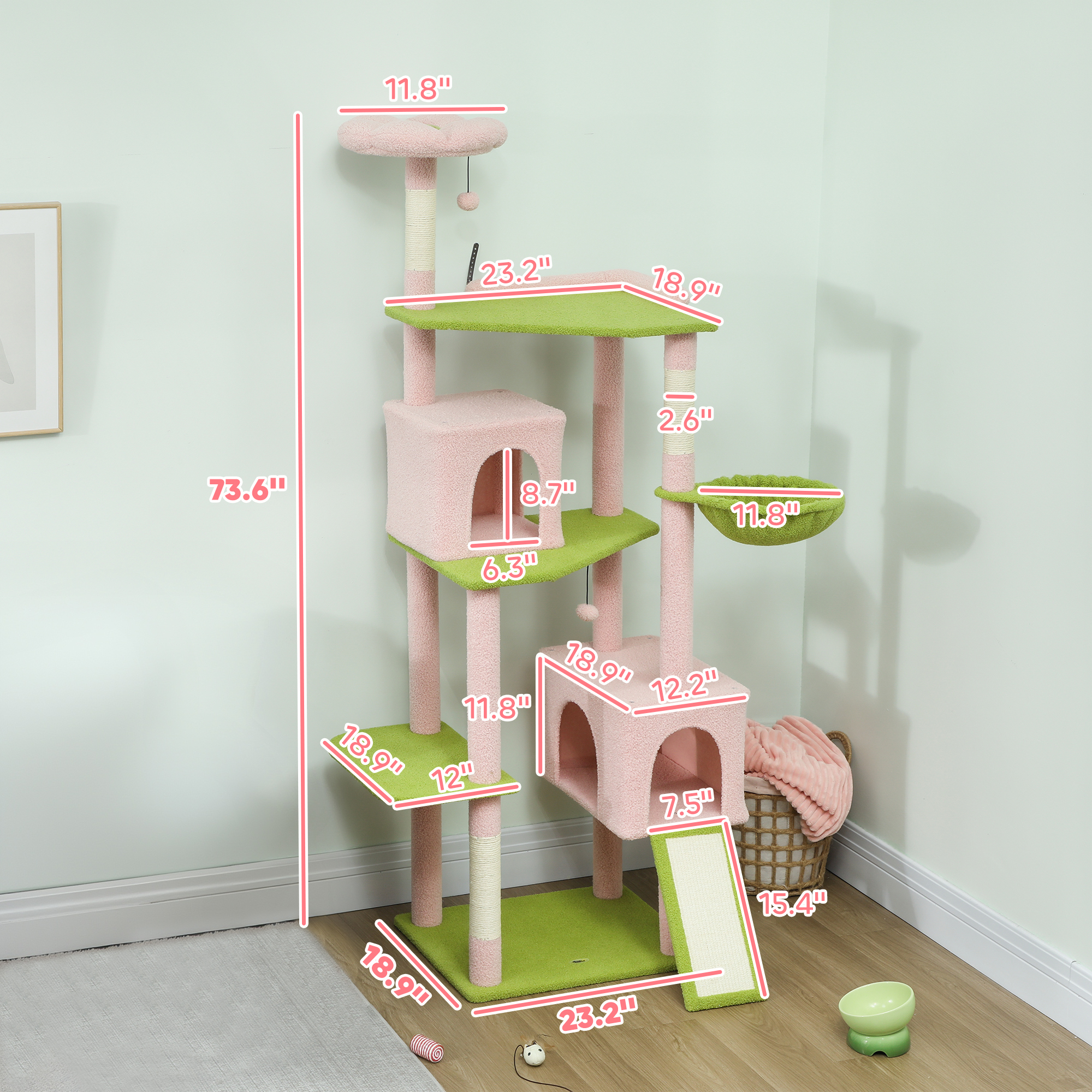 PawHut 74" Flower Cat Tree, Large Cat Tower Metal Frame Hammock, Scratcher Ramp, 3 Sisal Scratching Posts, 2 Condos, Perches, for Indoor Kittens, Pink