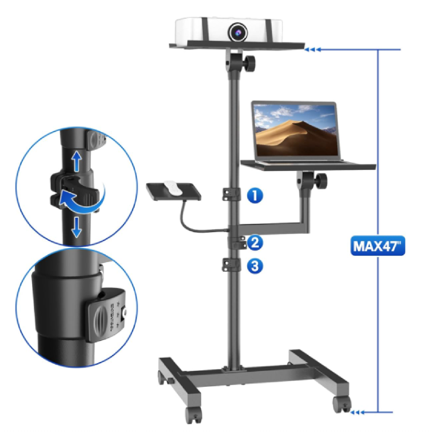 Projector and Laptop Stand Tripod, 2 Shelves Mobile Laptop Tripod Stand, Max 47" Height Adjustable Laptop Cart on Wheels, Projector Floor Stand with Ventilated Tray for Podium, Meeting, Couch