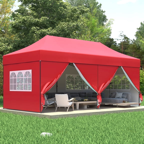 Outdoor Basic 10x20 Pop up Canopy Tent with Sidewalls,Heavy Duty Commercial Instant Shade Gazebos,Red