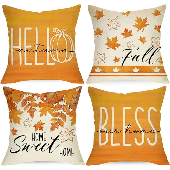 Fall Maple Leaf Decorative Throw Pillow Covers 16 x 16 Set of 4, Hello Autumn Leaves Thanksgiving Cushion Case Decor, Bless Our Home Sweet Home Seasonal Farmhouse Decoration for Sofa Couch