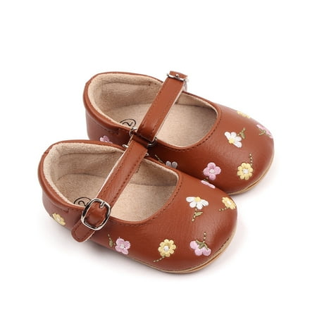 

Frobukio Newborn Baby Girls Shoes Jane Flats PU Leather Infant Dress Shoes Floral Embroidery Princess Shoes