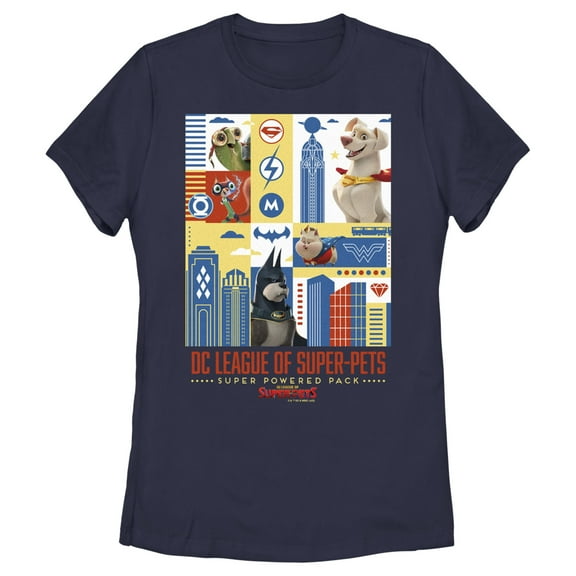 Women's DC League of Super-Pets Super Powered Pack Panels  Graphic Tee Navy Blue Large