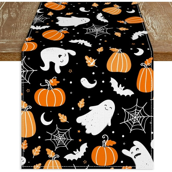 Black Halloween Table Runner 13" x 72", Trick or Treat Truck Pumpkin Ghost Halloween Runners for Table, Halloween Table Runners Home Decorations for Indoor Outdoor Dining Table Decor