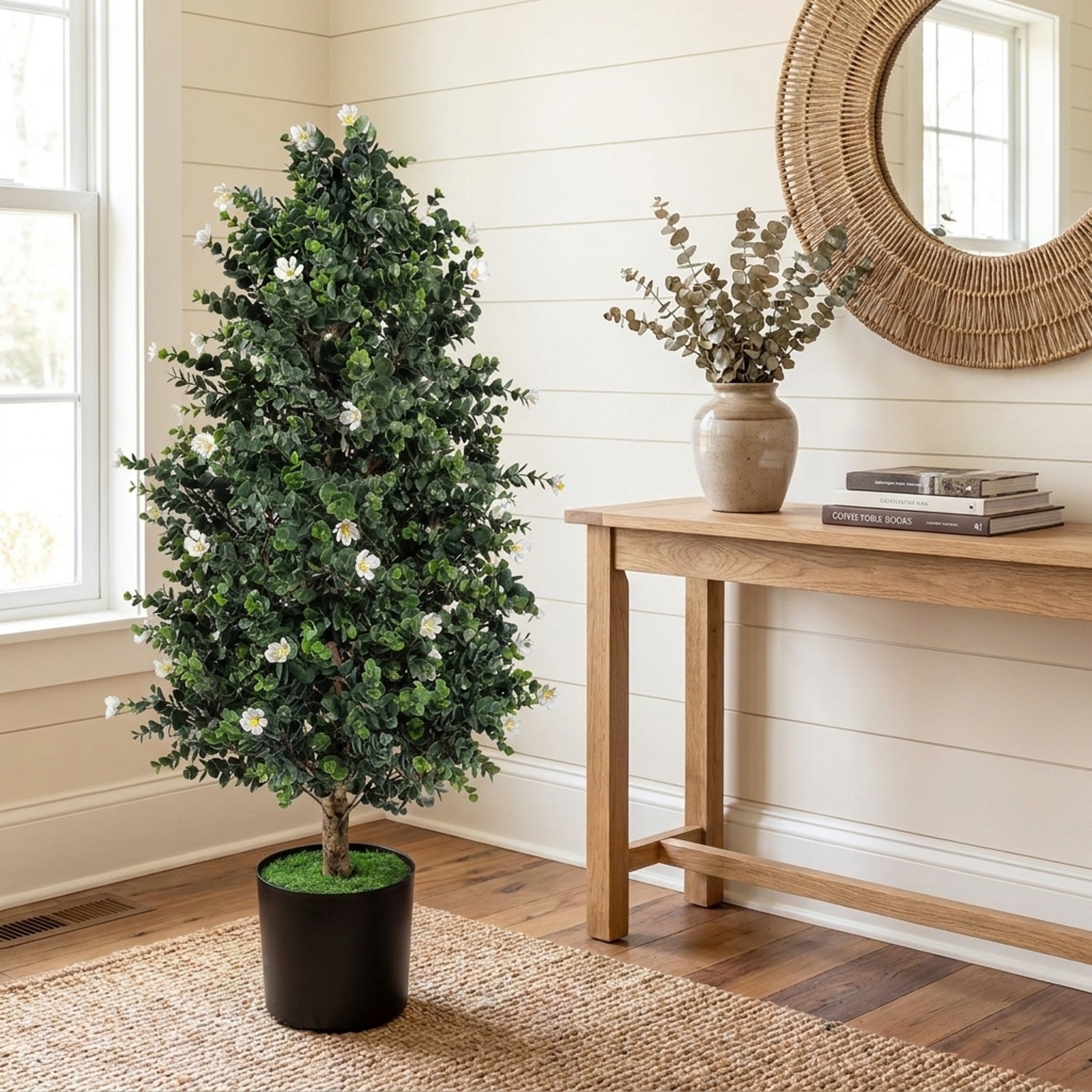 Vebreda Artificial Plant Decor, 2 Pack Artificial Topiary Cone Tree Faux Potted Shrub Plant with 49 Flowers, Lifelike Greenery Display