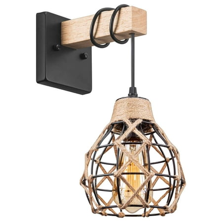

IC INSTANT COACH Wall Sconce Light E26 Wooden Wall Light Fixtrure with Hemp Rope Diamond Metal Wire Cage for Decor Industrial Adjustable Wall Mount for Bedroom Living Room Hallway