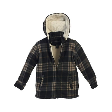 Gioberti Boys Black Tan Plaid Sherpa Lined Hooded Flannel Jacket