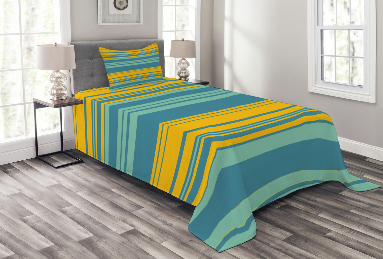 Yellow and Blue Bedspread Set, Horizontal Abstract Color Stripes Lines ...
