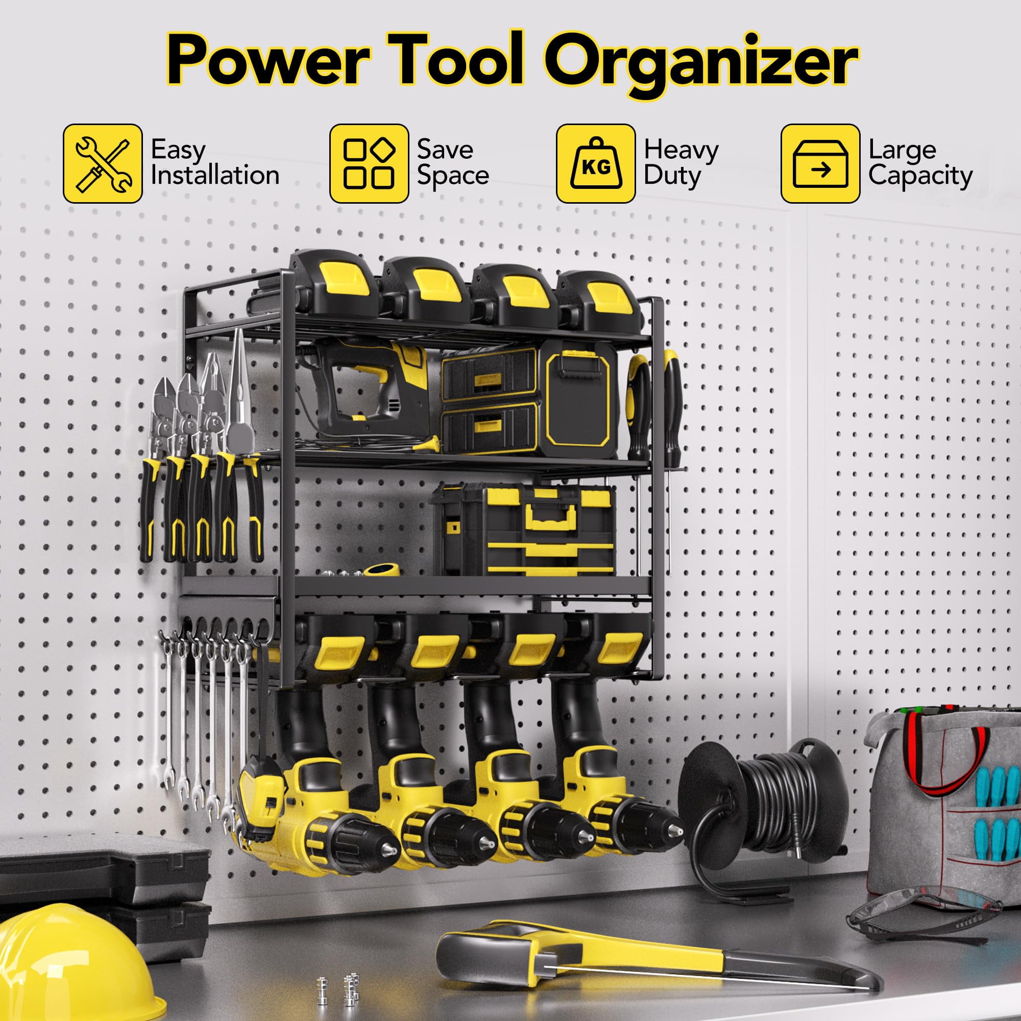 Heavy Duty Power Tool Organizer 400LB Capacity - Metal 4-Tier Wall Mount Garage Tool Storage with Drill Holder, Screwdriver & Pliers Rack, Black