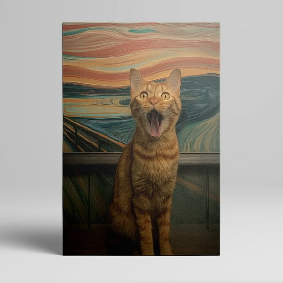 1pc Hilarious Orange Tabby Cat with Mouth - Open Expression in a The Scream - Inspired Canvas Art framed Decor room hanging Wall Picture Decor for Home Gifts, living room, bathroom, bedroom, kitchen