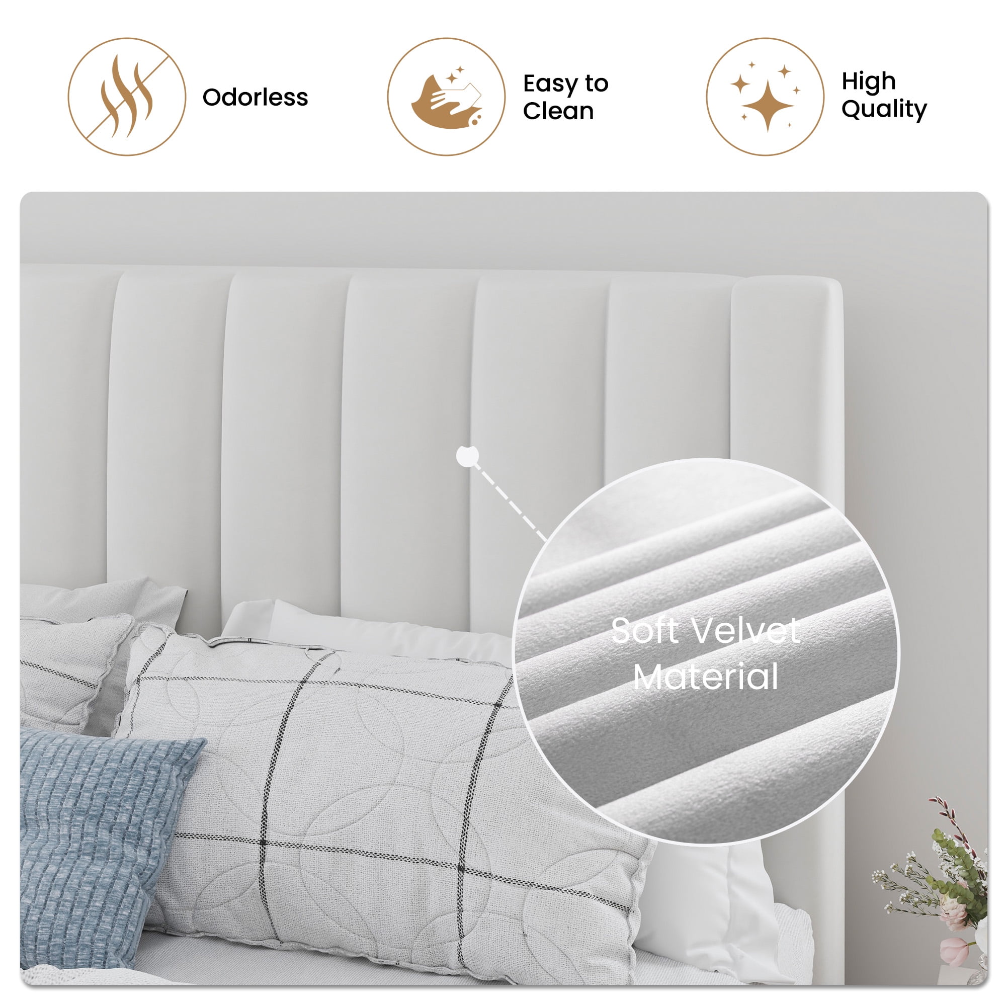 SHA CERLIN White Queen Size Platform Bed Frame with Velvet Channel Headboard, Adult