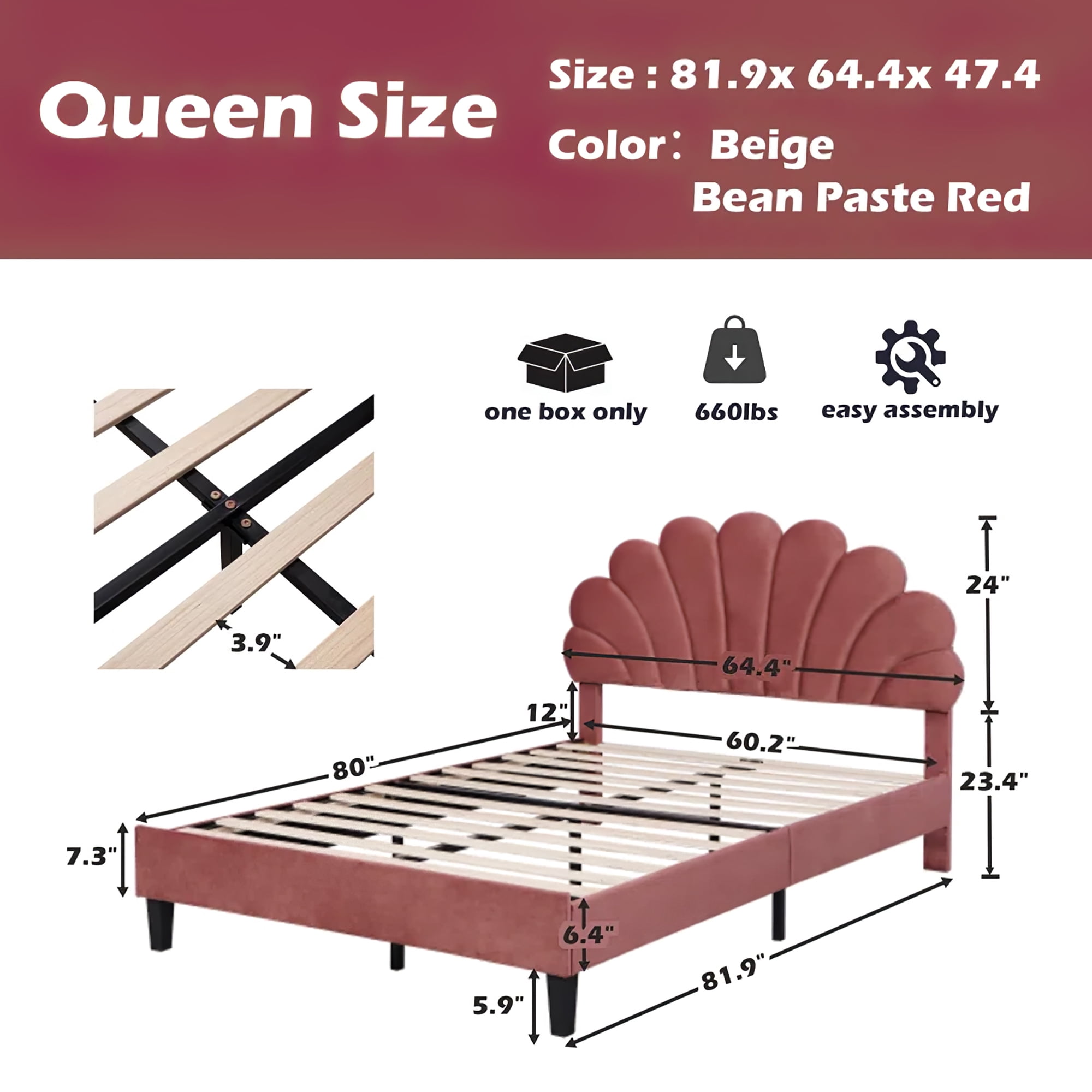 Aukfa Queen Bed Frame with Flower Upholstered Headboard, Wood Slats Support, Bean Red