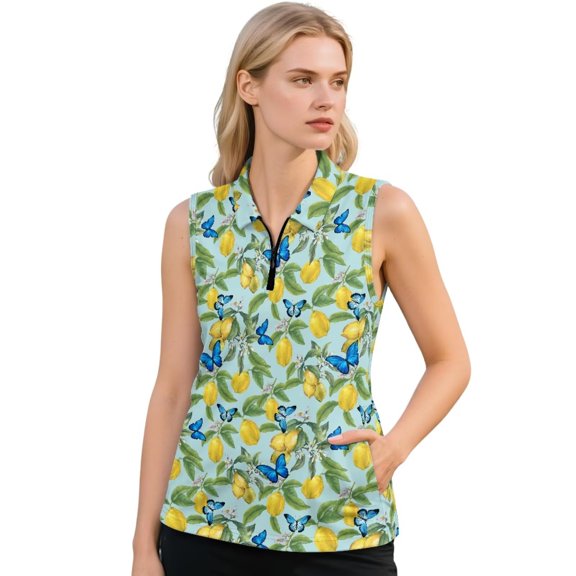 KEIAHUAN Blue Butterfly Womens Sleeveless Golf Shirts Moisture Wicking 1/4 Zip Up Lemon Print Athletic Shirts Breathable Soft Racerback Tennis Sport Tops with 2 Side Pockets