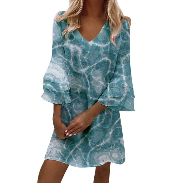 Robes pour Femmes Robe Mignonne Manches Trois Couches Volant Col en V Ample Imprimé Floral Mini Robe pour Femmes m TG