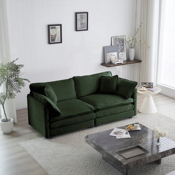 Modern Fabric 2-Seat Loveseat Sofa for Living Room, 220×80×75cm with 4 Pillows, Green Chenille