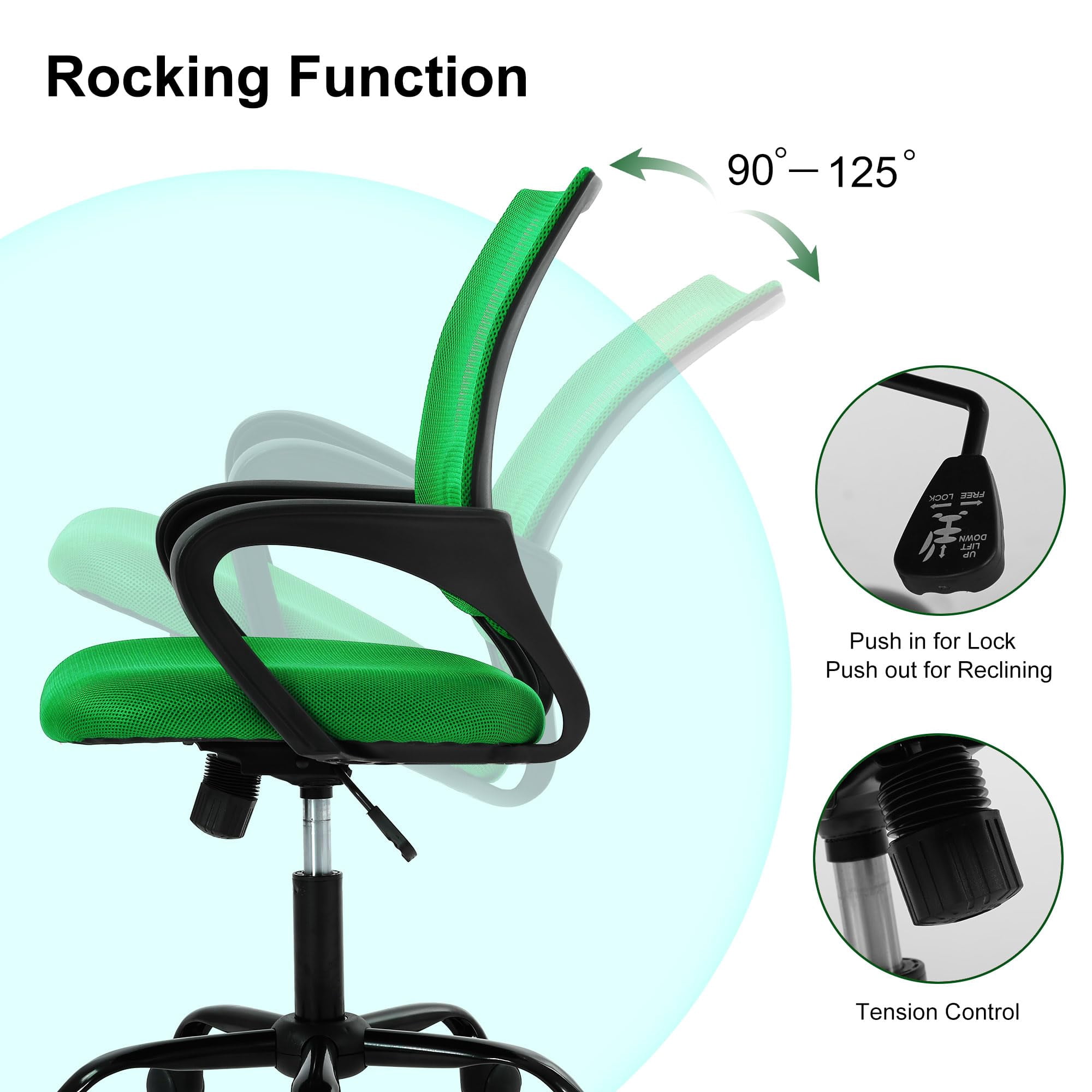 CL.HPAHKL Ergonomic Desk Chair, Mid-Back Mesh Office Chair with Wheels, Rolling Swivel Computer Task Chair for Home Office, Fixed Armrests, Tilt & Height Adjustable, Green