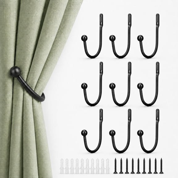 10pcs Metal Curtain Holdbacks, Retro Ball Curtain Tieback Hanger Holder Hook with Screws, Black