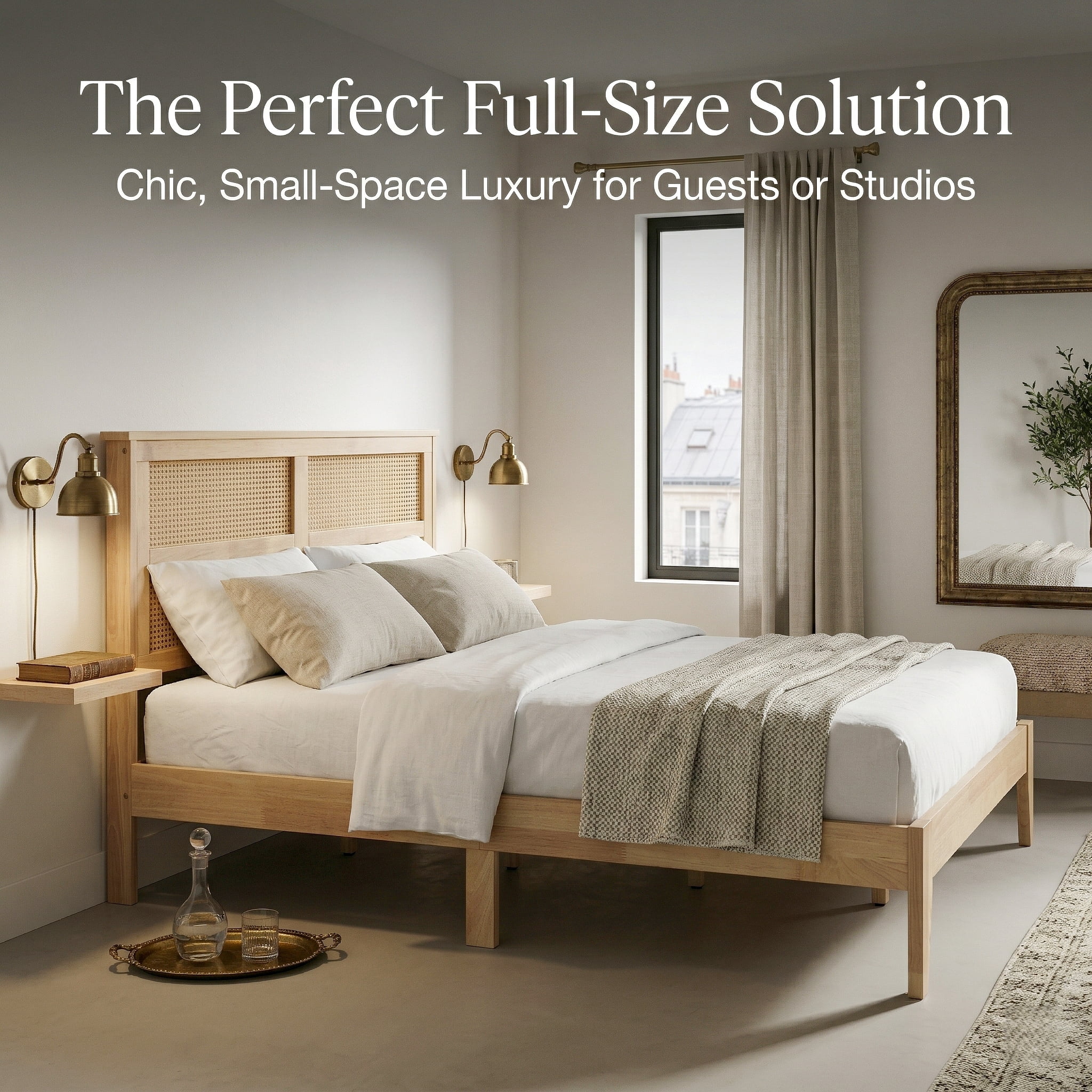 Full Size Solid Wood Bed with Rattan Headboard, Rubber Wood Bed Frame with Central Support Beams and 8 Inch Underbed Storage for Bedroom, Natural, 78.7x57.3x40.8 Inch