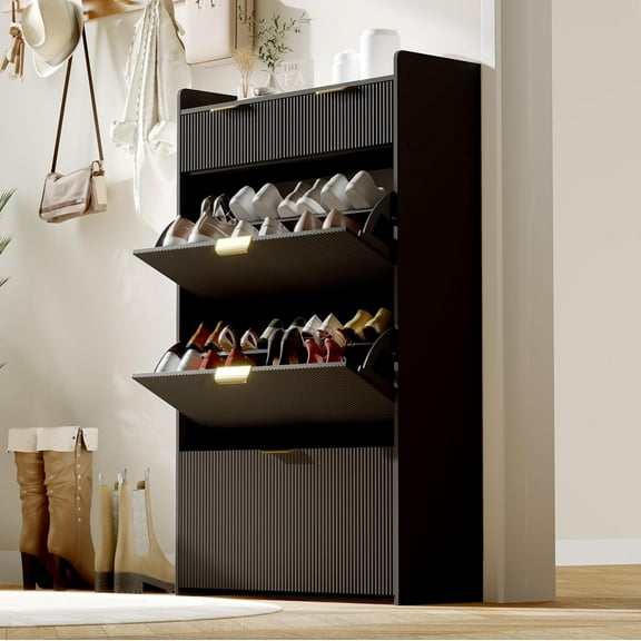 Modern Shoe Cabinet with 3 Flip Drawers, 2 Small Drawers & Hook, Slim Fluted Entryway Organizer, Black
