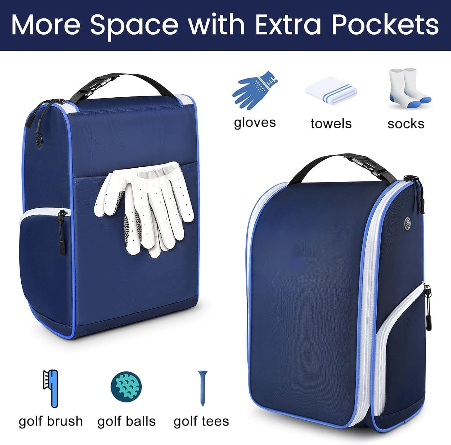 Golf Shoe Bag with 3 Pockets for Socks, Gloves, Tees, Balls, Brush, Designed with a Buckle Top Carry Handle, Zippered Sport Shoe Carrier Bags with Ventilation, Blue