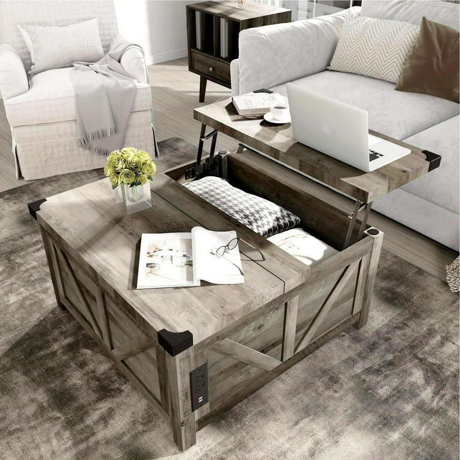 ChVans 35.6" Square Lift Top Coffee Table, Farmhouse Coffee Table with Storage & Charging Ports, Wood Center Table w/Large Hidden Space for Living Room Home Office