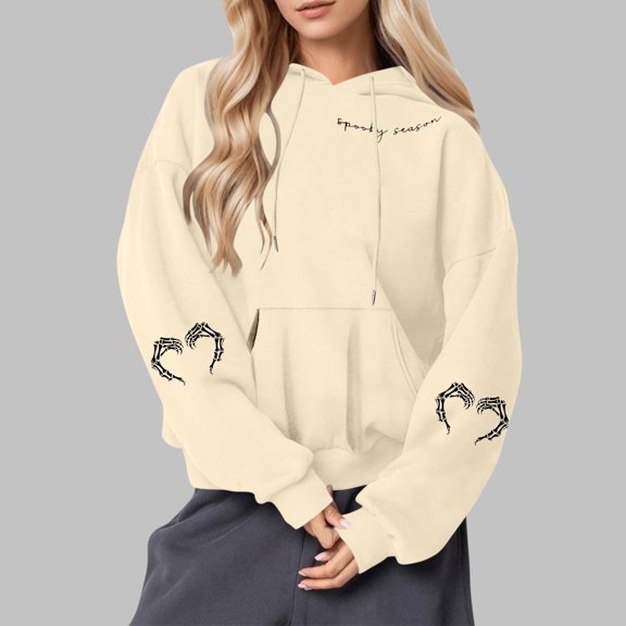 EchfiProm Pullover Sweatshirts for Womens Graphic Beige Hooded Long Sleeve Trendy Ladies Tops with Pocket L