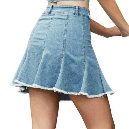 Fashion Women Denim Short Skirt A-Line High Waist Fringing Flared ...