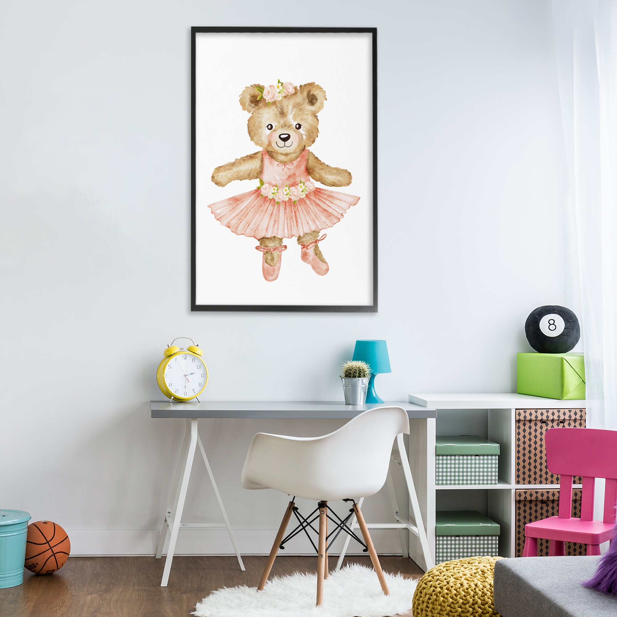 Floral Ballerina Teddy Bear Black Framed Giclee Art, design by Amy Hall