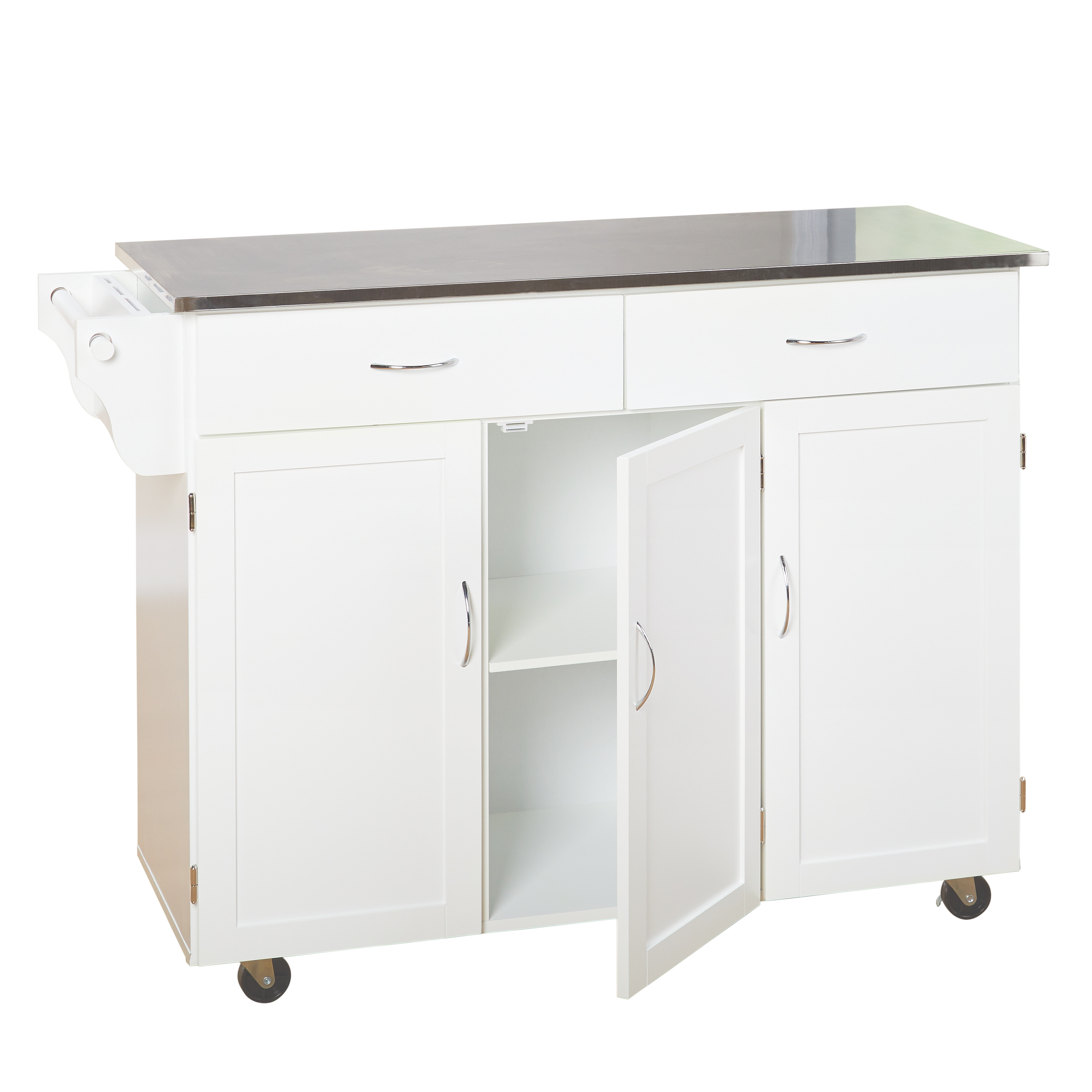 TMS Extra Large Rolling Kitchen Cart with Stainless Steel Top, Cabinets, Drawers, Adjustable Shelf, and Knife Block, White