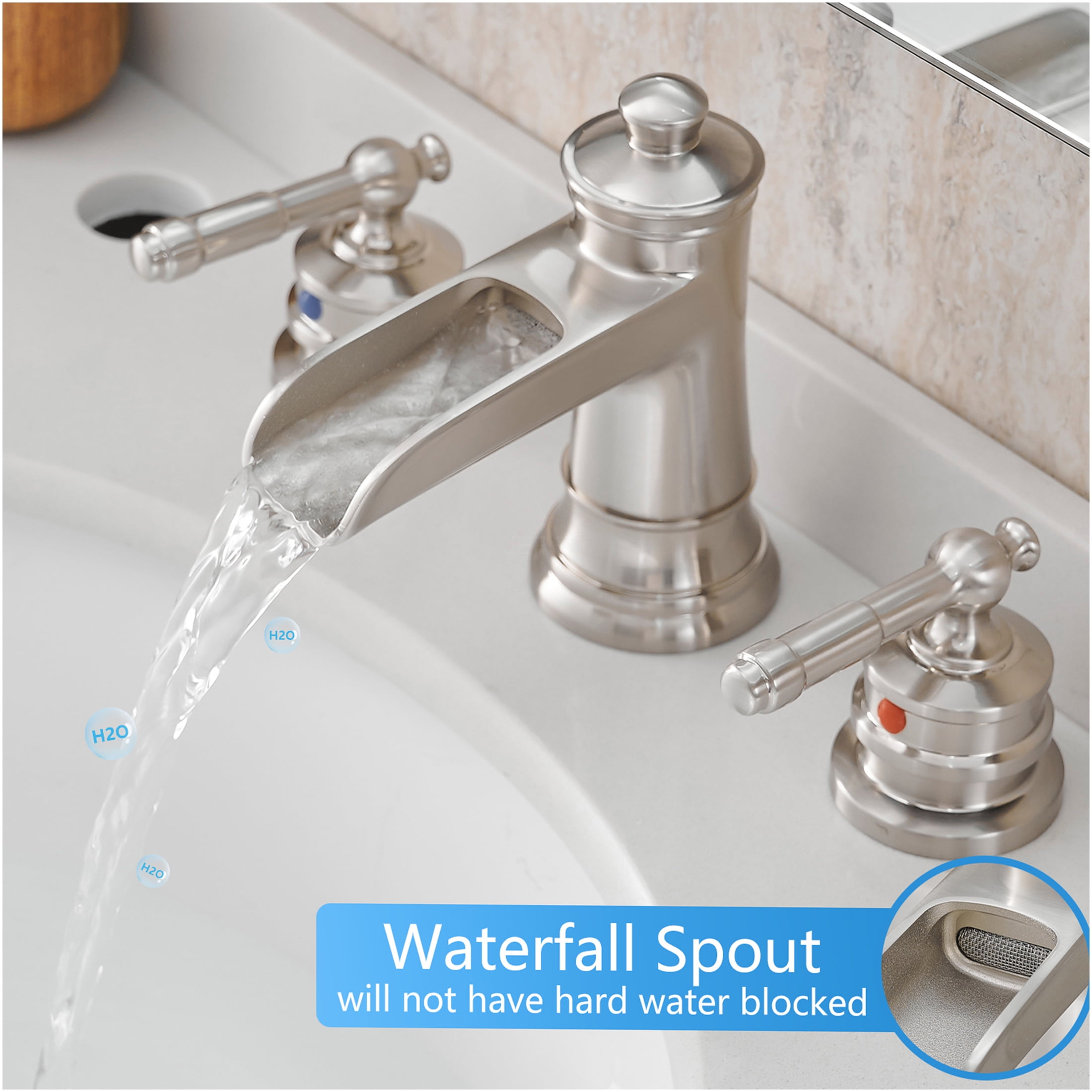JERFIT 8 inch Widespread Bathroom Faucet with Drain Assembly, Brushed Nickel, 3-Hole Vanity Sink Faucet, Double Lever Handle, Solid Brass Construction