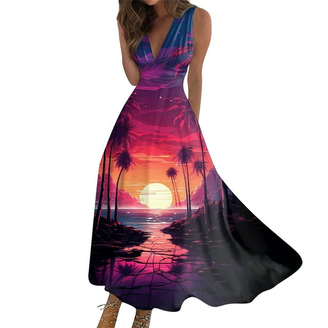 Robes d'Été pour Femmes Colorées, Fluides, Décontractées, Sans Manches, Robes Maxi, Tenue de Plage Hawaïenne avec Encolure en V