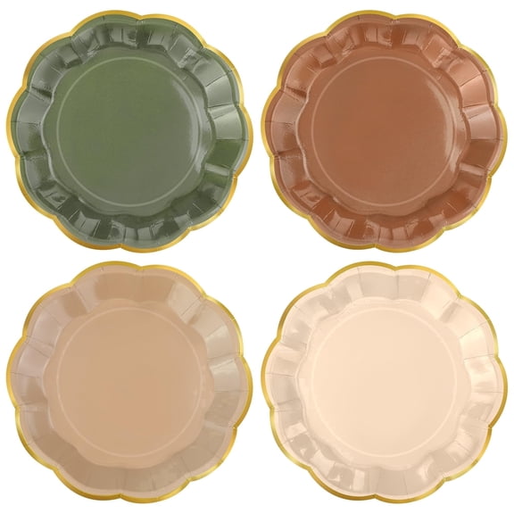 TURSTIN 60 Count 7 in Woodland Scalloped Paper Plates, Sage Green Brown with Gold Foil Rim Disposable Party Tableware