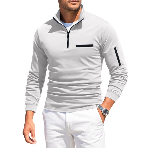Men's Quarter Zip Polo Shirts Casual Lightweight Long Sleeve Top Mock Neck Stylish Summer Color Block Golf Slim Fit Shirts White M