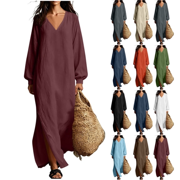 Cotton Linen Maxi Dress for Women Solid Color Flowy Long Sleeve V Neck Dress with Side Split & Relaxed Silhouette