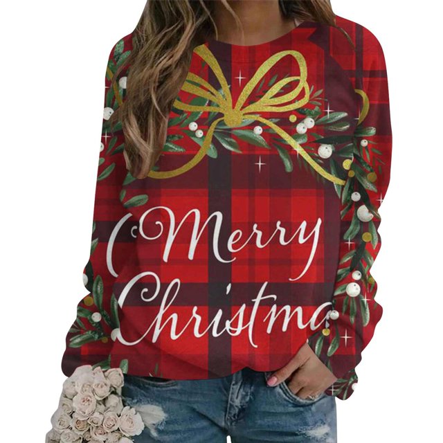Sharpies Hauts pour Femmes Tendance, Blouse de Noël Imprimée à Manches Longues pour Femmes, Col Rond Décontracté/rouge, (TTG)