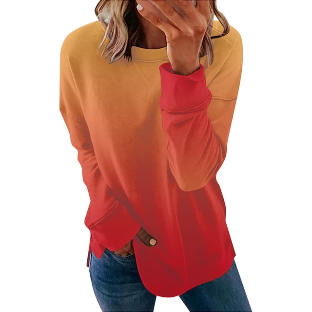 AherBiu Sweat-Shirt pour Femmes Col Rond Manches Longues Pull Tendance Dégradé Automne Décontracté