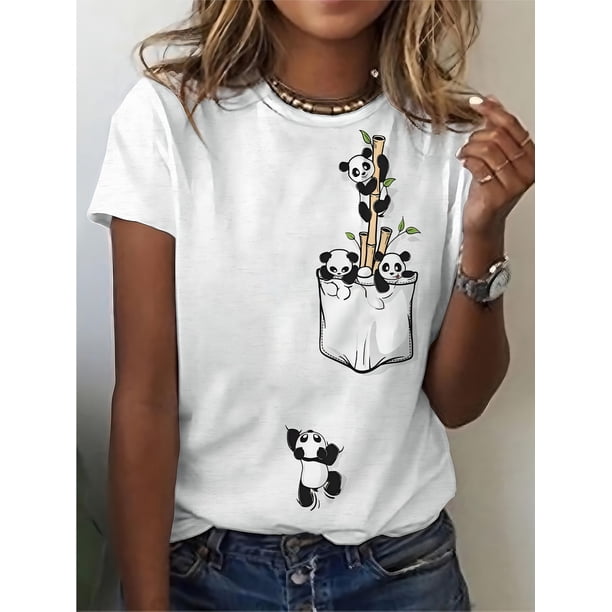 Women's Casual Elegant Panda Print Crew Neck T-Shirt - Short Sleeve Bamboo Graphic Tee, Soft Breathable Fabric, Machine Washable, Spring Summer Top, Panda Gifts, Casual Attire Shirt, Durable Print Sh