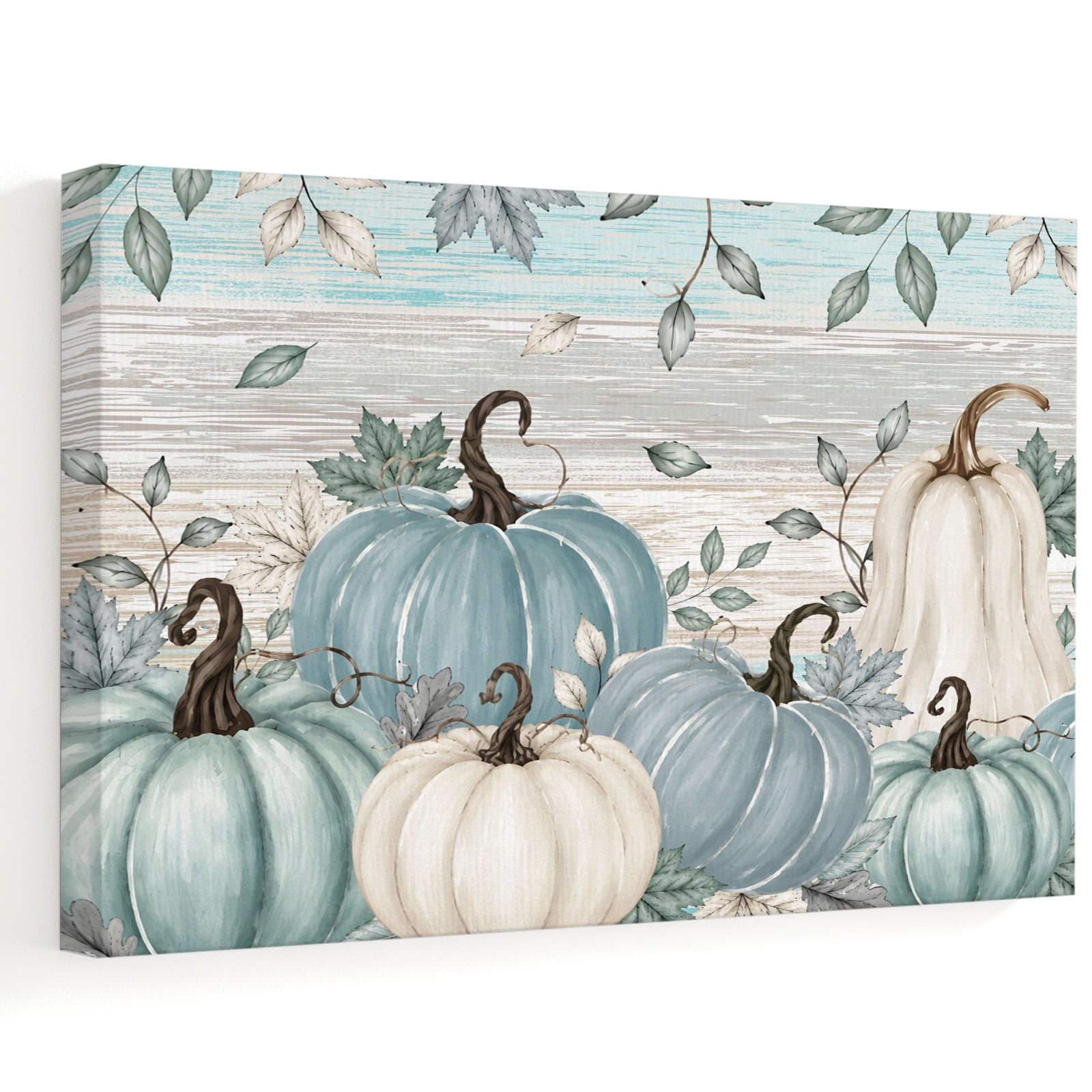 Thanksgiving Canvas Wall Art Fall Mint Blue Beige Pumpkin Green Leaf Rustic Wooden Wall Art Prints Artwork Framed Canvas Ready to Hang Art Pictures for Bathroom Nightstand Narrow Hallway 14 x 11