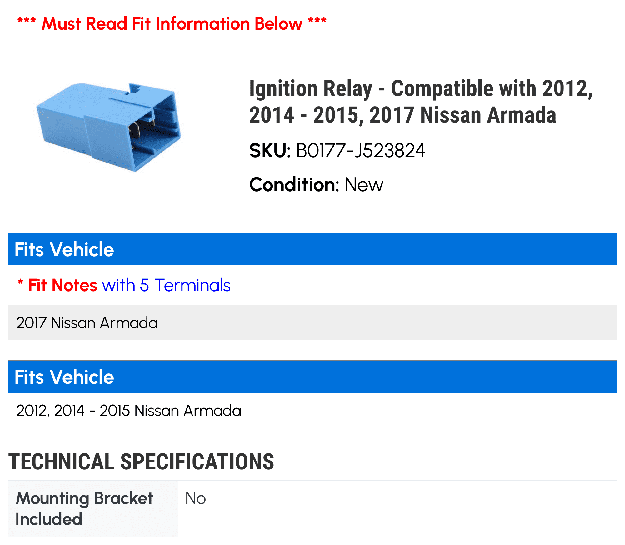 Ignition Relay - Compatible with 2012, 2014 - 2015, 2017 Nissan Armada