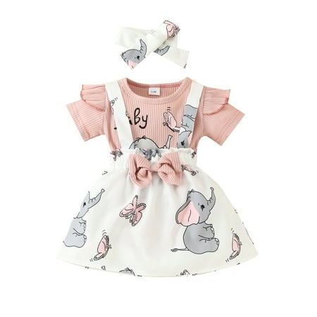 

DcoolMoogl Infant Newborn Baby Girl Elephant Outfits Headband Romper Suspender Bib Skirt 3Pcs Clothing Sets 3-6 Months