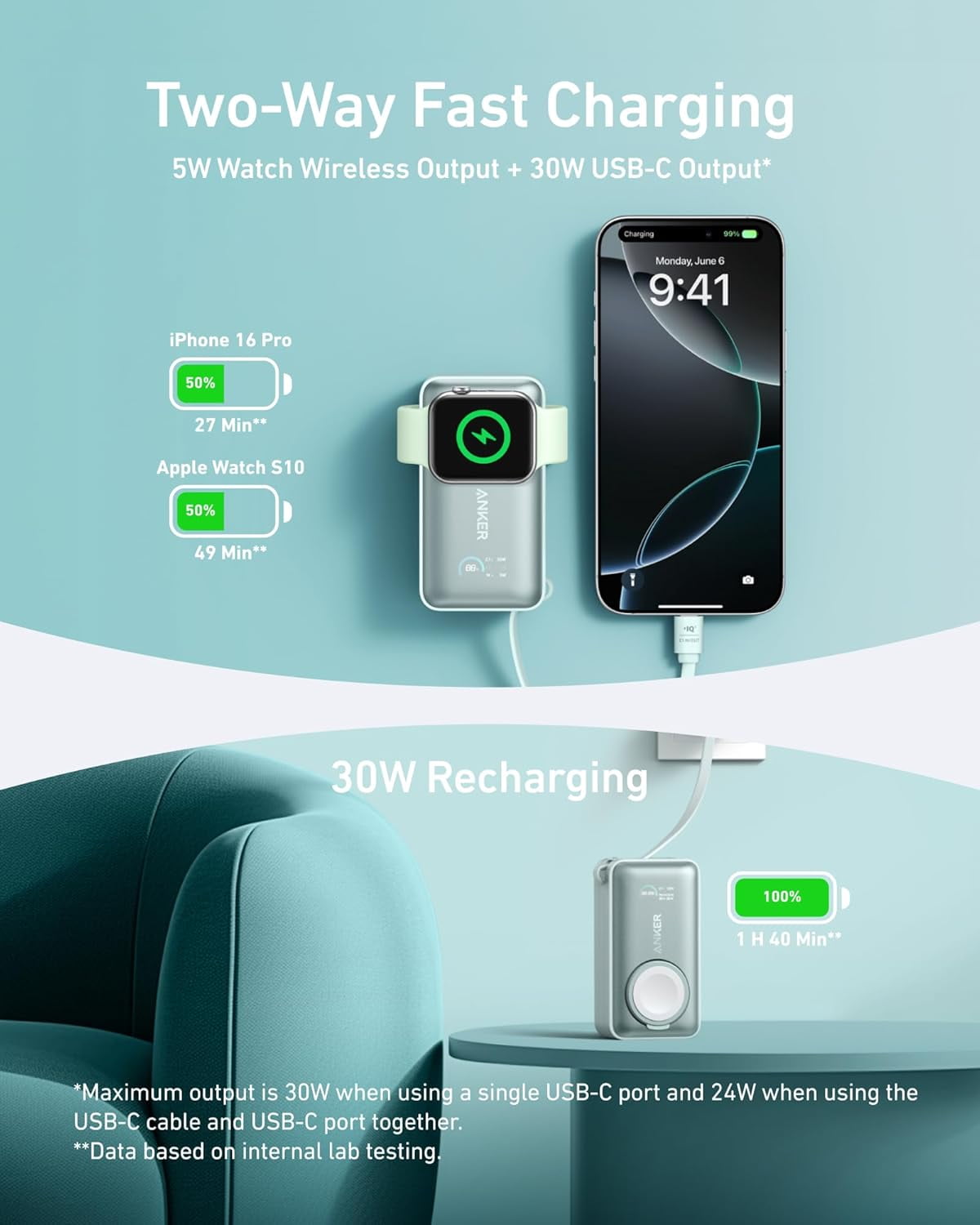 Anker MagGo Power Bank for Apple Watch, Officially Certified 10,000mAh Compact Battery Pack with Built-in USB-C Cable, 35W Max, for iPhone 15 Series, Samsung, iPad, AirPods, and More(Green)