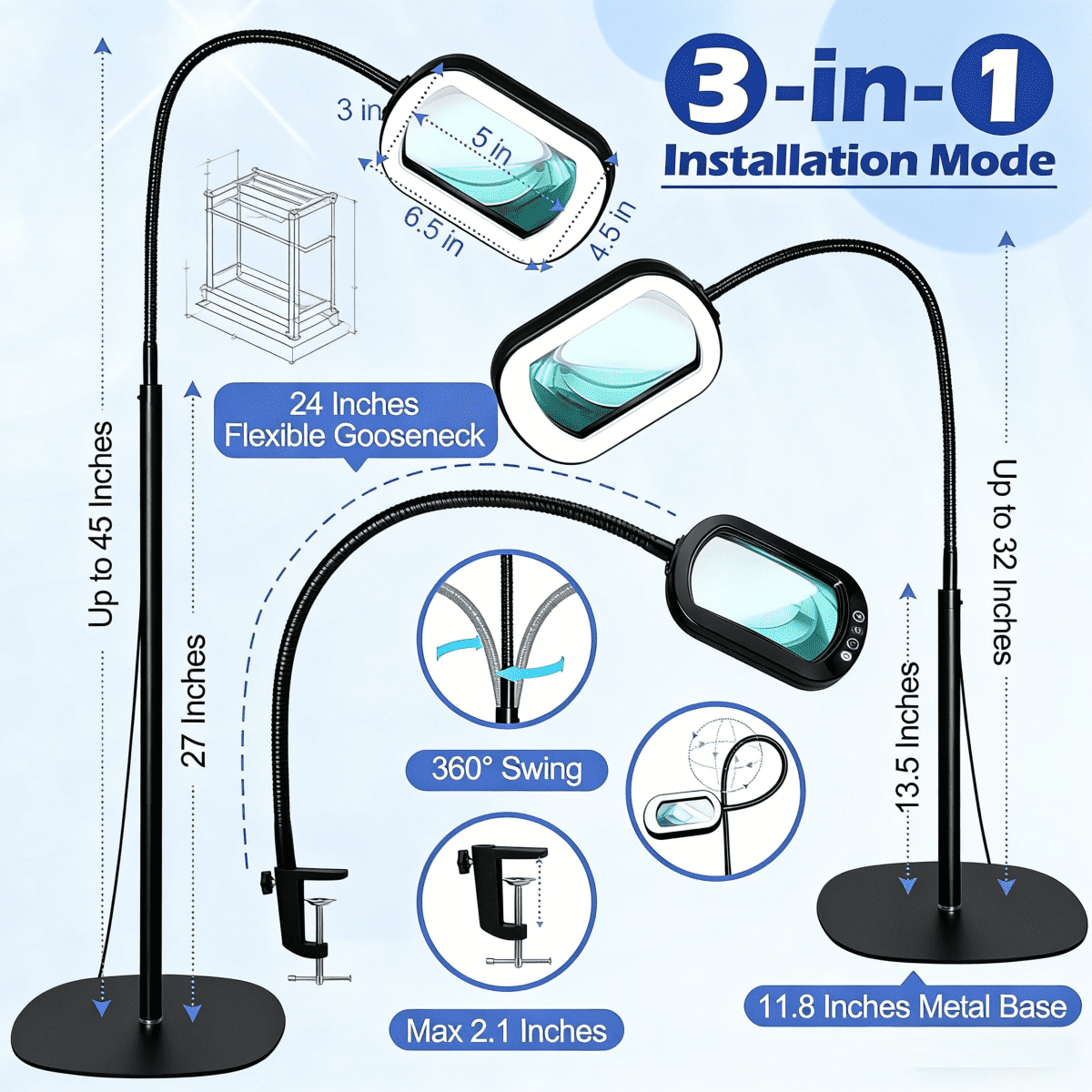 3-in-1 LED Magnifying Floor Lamp with Clamp, 24-inch Flexible Gooseneck, 5 Color Modes Stepless, Hands Free for Reading